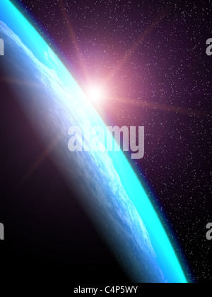 Die Strahlen der Sonne von der aufgehenden Sonne beleuchten den Planeten Stockfoto