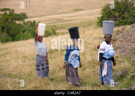 Lokalen afrikanischen Frauen, die Babys als auch schwere Lasten auf ihren Köpfen, Transkei, Südafrika Stockfoto