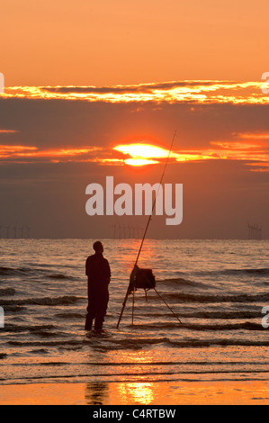 Fischer, Strand bei Sonnenuntergang auf Fylde Küste, Cleveleys, Lancashire, England, uk Stockfoto