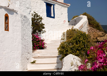 typischen weißen Häusern und Treppen auf dem Weg zur Burg Castro in Skopelos-Stadt, Insel Skopelos, nördlichen Sporaden, Griechenland Stockfoto