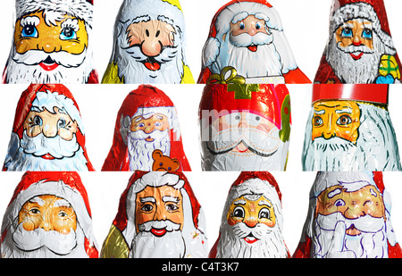 Santa Claus Schokoladenfiguren, Gesichter, Portrait. Weihnachten mal Süßigkeiten. Stockfoto