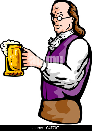 Abbildung eines Benjamin Franklin oder edlen aristokratischer Gentleman hält Krug Bier Stockfoto