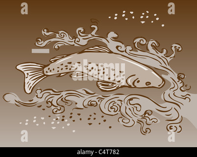 Skizzieren Sie Stil-Vektor-Illustration der gesprenkelte Forelle Schwimmen unter Wasser Stockfoto