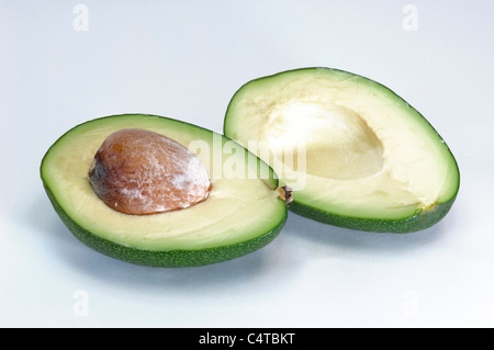 Avocado (Persea Americana). Halbierte Frucht mit Kernel. Studio erschossen vor einem weißen Hintergrund. Stockfoto
