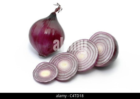 Garten-Zwiebel (Allium Cepa). Rote Zwiebel, ganze und geschnittene. Studio Bild vor einem weißen Hintergrund. Stockfoto