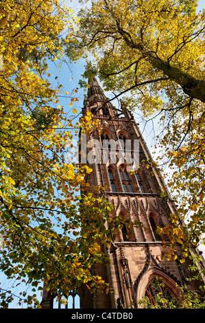 Turm und Turm der alten Kathedrale von Coventry umrahmt die von Bäumen im Herbst. VEREINIGTES KÖNIGREICH. Stockfoto