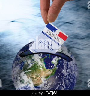 Hand-Stichentscheid in Schlitz auf dem Planetenerde Stockfoto