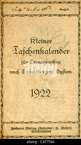 Kleinen Taschenkalender für System Gabelsberger Stenographen. 1922-Titelseite. Stockfoto