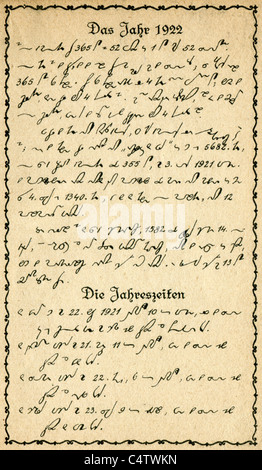 Kleinen Taschenkalender für System Gabelsberger Stenographen. Seite 29. Die Jahreszeiten 1922. Stockfoto