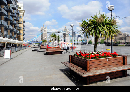 Sommerblumen Pflanzkasten am Flussufer Thames Path Promenade Butlers Wharf Apartments & Restaurants Shad Thames Gegend von Bermondsey London England Stockfoto