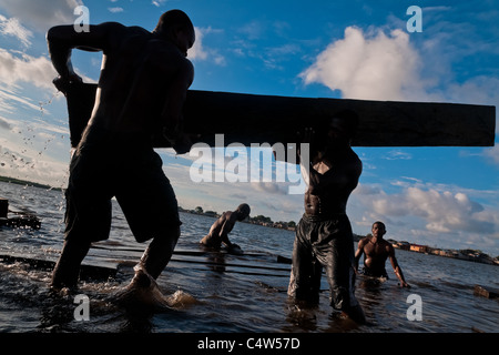 Kolumbianische Arbeiter transportieren Hölzer aus dem pazifischen Regenwald in einem Sägewerk in Tumaco, Kolumbien. Stockfoto