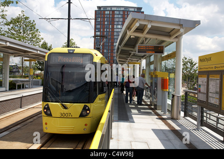 Manchester Metrolink-Straßenbahn in Mediacity Salford Quays UK Stockfoto