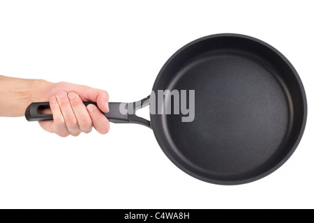 Pfanne in einer Hand isoliert auf weißem Hintergrund Stockfoto