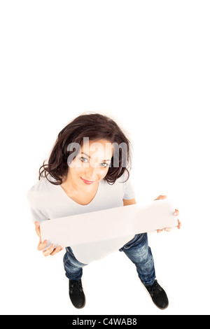 junge casual Brünette Frau mit leeren banner Stockfoto