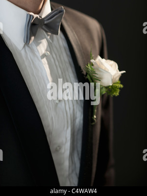 Mittelteil der Bräutigam tragen Smoking mit boutonniere Stockfoto