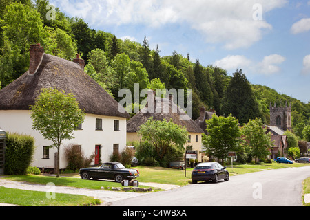 Dorset Dorf Milton Abbas mit hübschen traditionellen, alten strohgedeckten Hütten, England, Großbritannien Stockfoto
