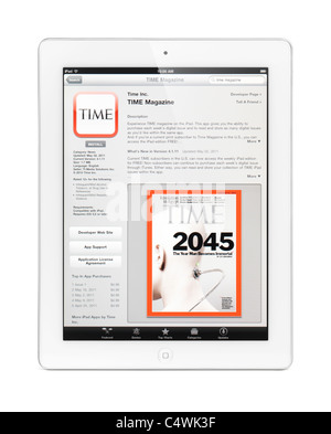 Apple iPad 2 Tablet-Computer mit Zeit Zeitschrift Anwendung im AppStore auf dem Display. Isoliert auf weißem Hintergrund. Stockfoto