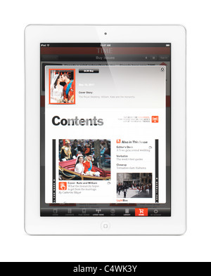 Apple iPad 2 Tablet-Computer mit Zeit-Magazin-Ausgabe mit der königlichen Hochzeit auf dem Display. Isoliert auf weißem Hintergrund. Stockfoto