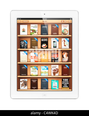 Weiß Apple iPad 2 Tablet-Computer mit iBookstore e-Book-Bibliothek auf dem Display. Isoliert auf weißem Hintergrund. Stockfoto