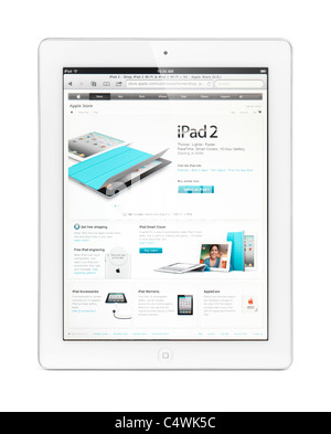 iPad 2 Tablet-Computer mit Apple Online-Store auf dem Display. Isoliert mit Beschneidungspfad auf weißem Hintergrund. Stockfoto