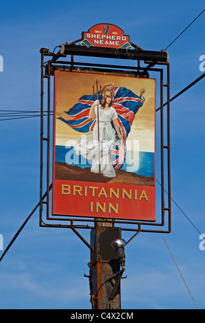 Britannia Inn Pub Schild, Dungeness, Kent, UK. Stockfoto