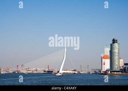 Blick auf die Erasmusbrücke in Rotterdam an einem klaren Tag. Stockfoto