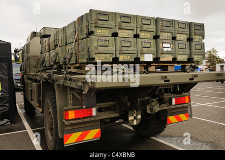 Boxen (inert) für FGM-148 Javelin Anti-Panzer-Raketen auf Rückseite ein Flachbett-LKW. Stockfoto