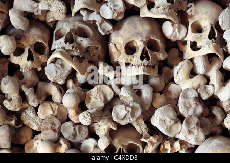 Schädeln und Knochen, Beinhaus von die Kirche von Santa Maria de Wamba, Valladolid, Kastilien und Leon, Spanien Stockfoto