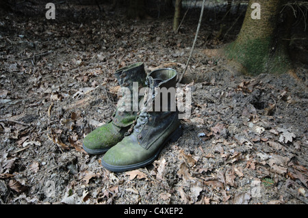 Alte, Vermooste Wanderschuhe Stehen Auf Waldboden. Stockfoto