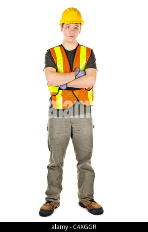Schweren männlichen Bauarbeiter in Warnweste und Schutzhelm Stockfoto
