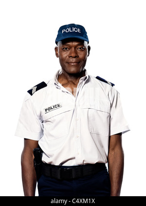 Porträt eines Afro amerikanische Reifen Polizisten stehen im Studio auf weißen Hintergrund isoliert Stockfoto