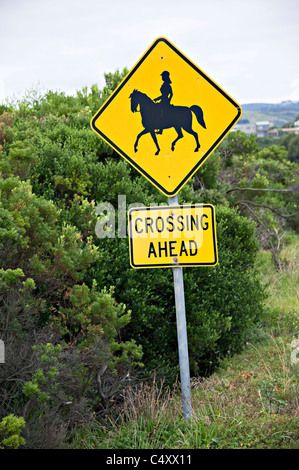 Gelbes Verkehrsschild Beratung Treiber Pferd Reiter Kreuzung Straße voraus bei Apollo Bay Victoria Australia Stockfoto