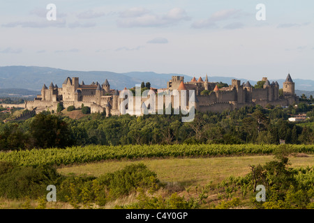 Blick auf die mittelalterliche befestigte französische Stadt Carcassonne, Languedoc-Roussillon in Frankreich inmitten der Landschaft Stockfoto
