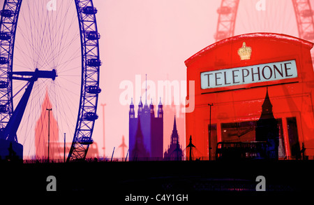 Funky London Montage mit Eye, Big Ben, Westminster Abbey-London-Bus und rote Telefonzelle mit Graphic Poster Effekt. Stockfoto