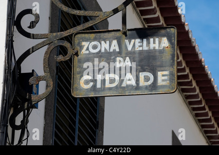 Nahaufnahme von Zona velha da Cidade Altstadt Schild Funchal Madeira Portugal EU Europa Stockfoto