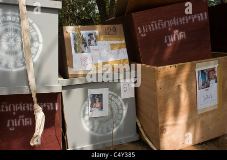 Särge werden gestapelt auf eine Verschiebung Leichenhalle im Wald in der Nähe von Phuket, Phang Na Provinz, Thailand, 1. Januar 2005 Stockfoto