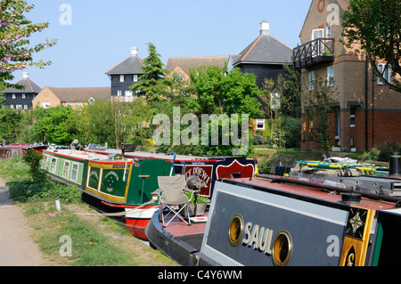 Hausboote auf dem Fluß Lea in der Nähe von Hartham Common, Hertford Stockfoto