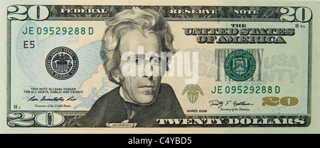 20 zwanzig Dollar Bill Hinweis Rechnungen Dollarnoten Stockfoto