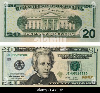 20 zwanzig Dollar Bill Hinweis Rechnung Hinweis Dollar Stockfoto