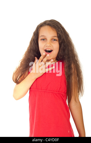 Beauty Mädchen mit langen Haaren, die Hand in den Mund isolierten auf weißen Hintergrund hält erstaunt Stockfoto