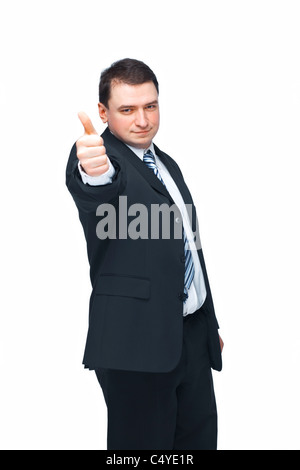 Porträt von einem zuversichtlich Mitte im Alter Geschäftsmann Anzeichen ein Erfolg über weiß Stockfoto