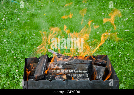 Nahaufnahme von der Feuer-Zungen in der Grill auf einen grünen Garten Rasen Stockfoto