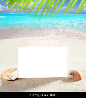 Strand Urlaub Konzept Blankopapier im weißen Sandstrand mit Perlmuscheln und Meeresschnecke Stockfoto
