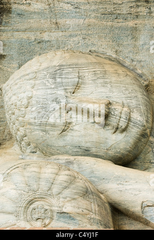 Gesicht des liegenden Buddha, Gal Vihara, Polonnaruwa, Sri Lanka-UNESCO-Welterbe. Stockfoto