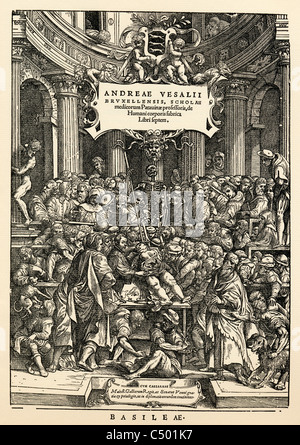 Anatomie-Lektion auf Titelblatt von De Humani Corporis Fabrica Libri Septem von Andreas Vesalius Stockfoto