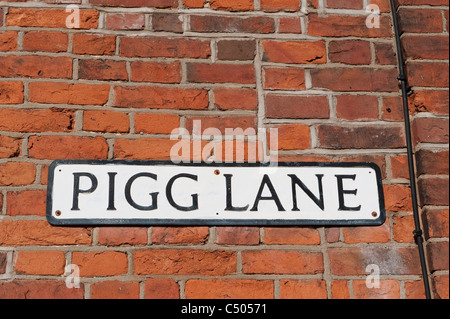 Traditionelle Straße Namensschild auf Pigg Lane in Norfolk, England mit einer Mauer befestigt. Stockfoto