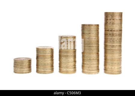 Es zeigt die Haufen von Münzen auf weißem Hintergrund Stockfoto
