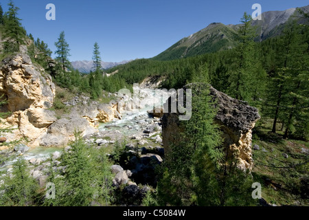 Felsen in Sibirien Wald. Gebirgsfluss. Tunkinskie Goltsy. Ost-Sajan-Gebirge. Republik Burjatien. Russland. Stockfoto