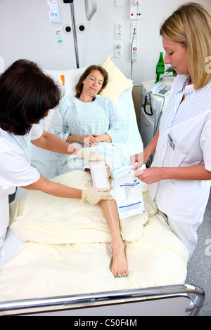 Krankenhaus. Krankenschwestern, die einen Verband eines Patienten in einem Krankenzimmer ändern, während der Patient noch im Bett liegt. Stockfoto