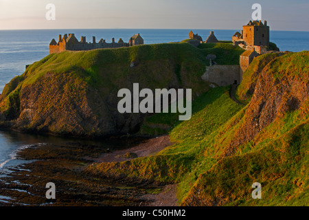 Ein Blick nach unten auf Dunnottar Castle im Morgenlicht, in der Nähe von Stonehaven, Aberdeenshire, Schottland Stockfoto